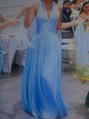 Halter Light Blue Maxi Dress with Flowing Pleated Skirt